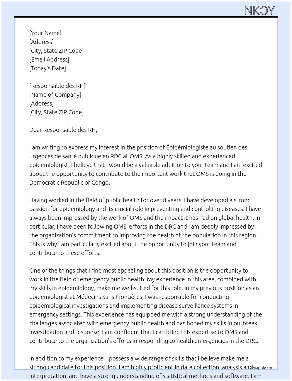 Épidémiologiste au soutien des urgences de santé publique en RDC At OMS Cover Letter