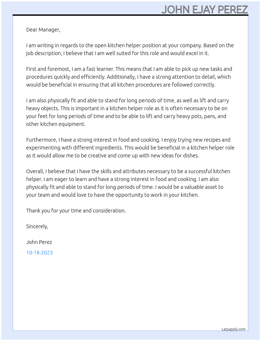 Kitchen helper At Kitchen staff Cover Letter