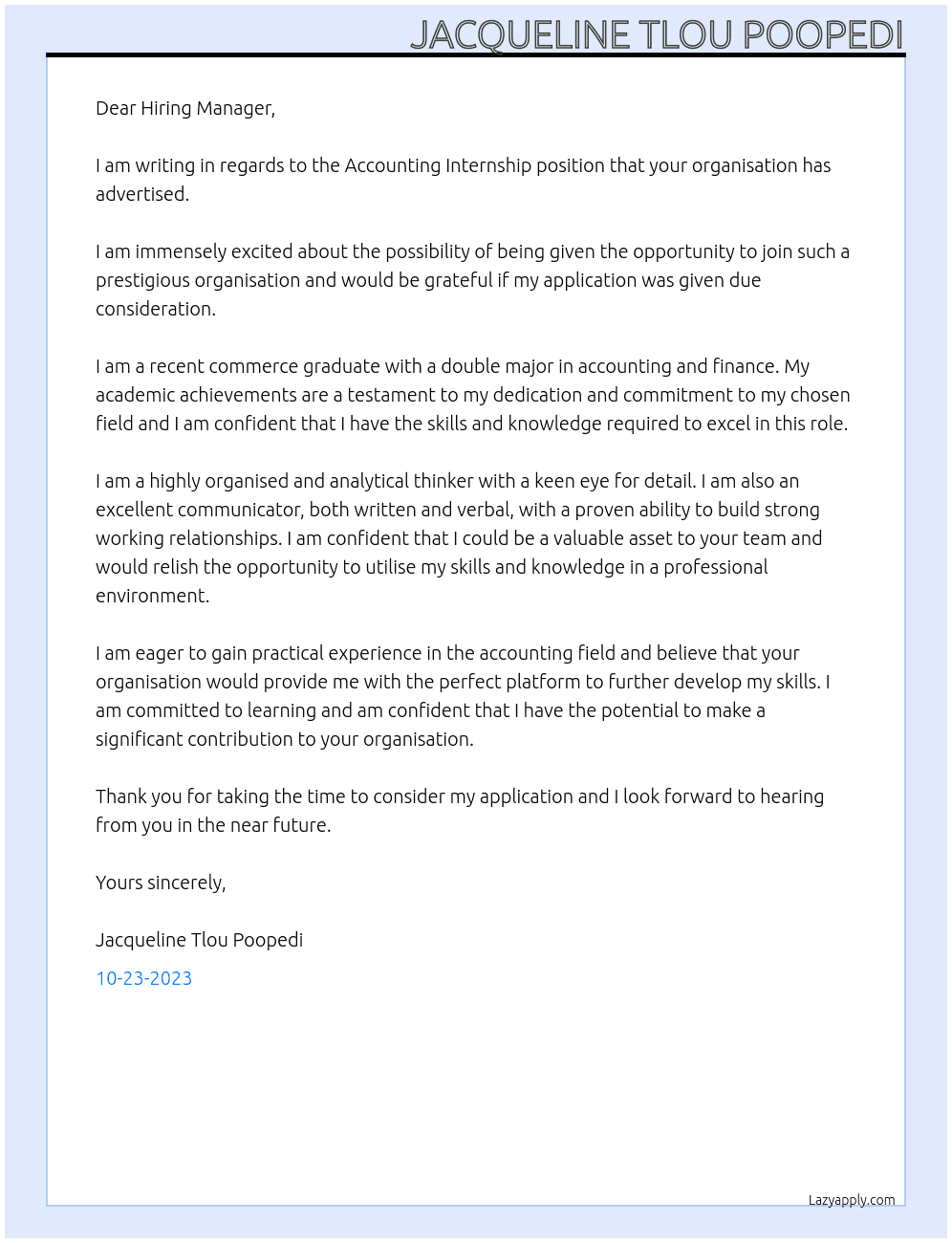 Accounting Internship At Your organisation  Cover Letter