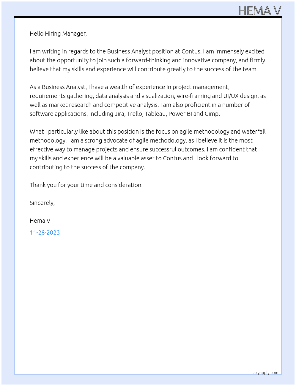 Business Analyst At Contus Cover Letter