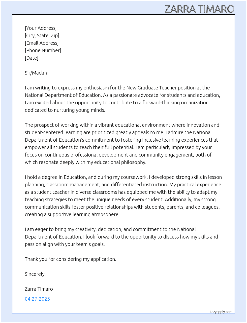 New Graduate Teacher  At National Department of Education  Cover Letter