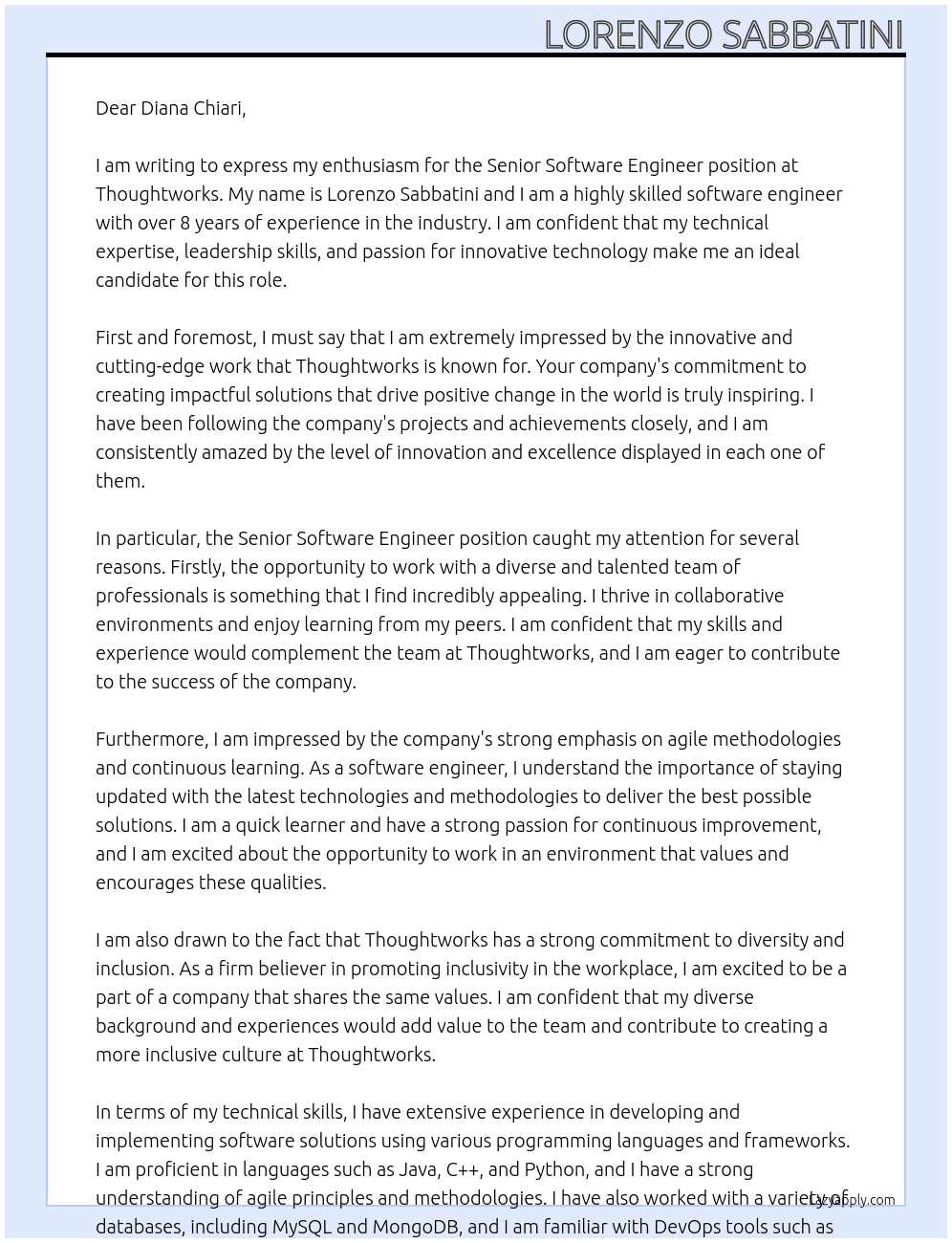 senior software engineer At Thoughtworks Cover Letter