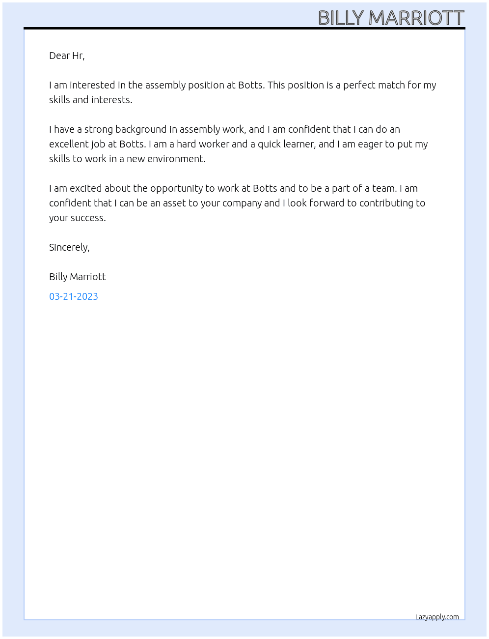 Assembly  At Botts  Cover Letter
