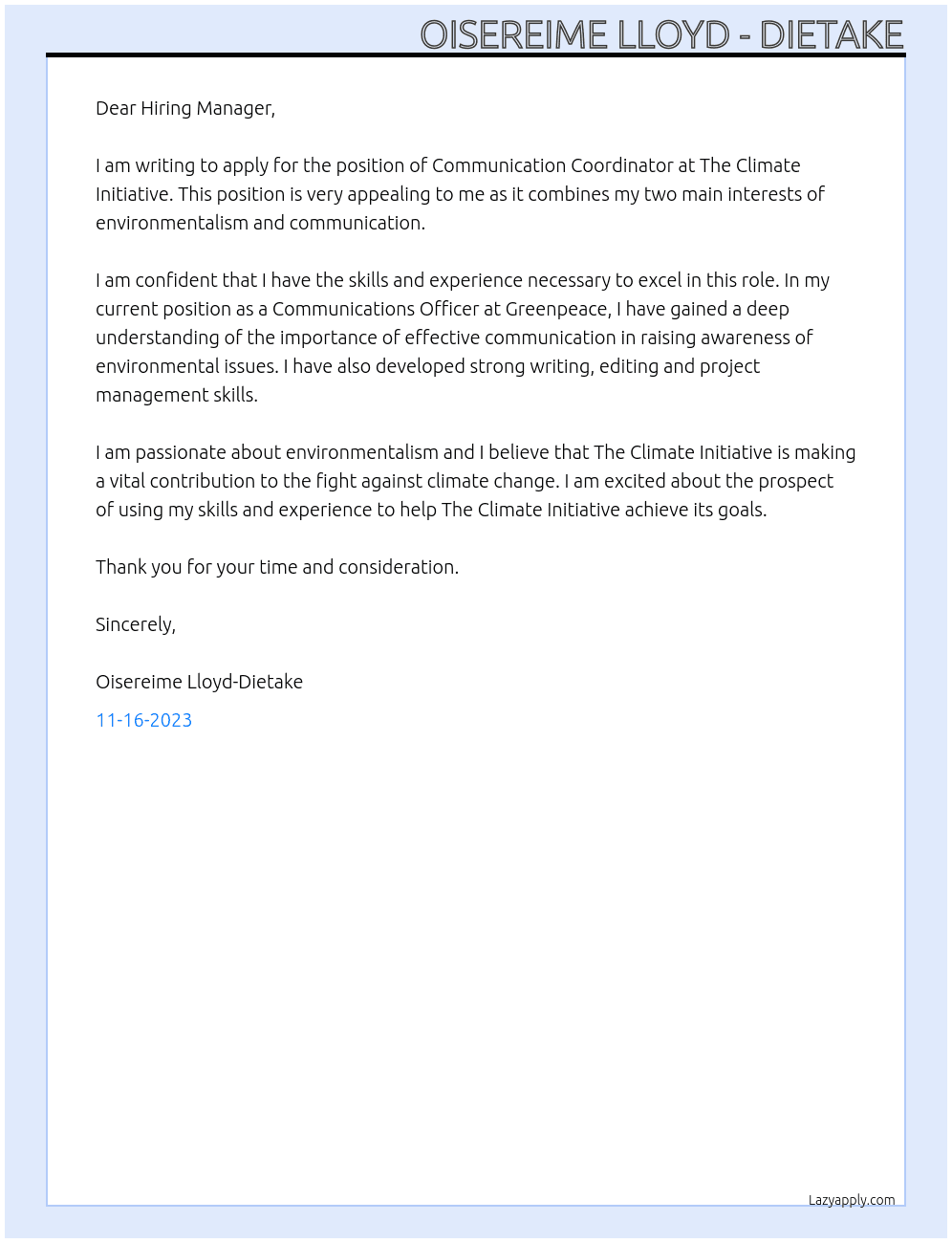Communication Coordinator At The Climate Initiative Cover Letter