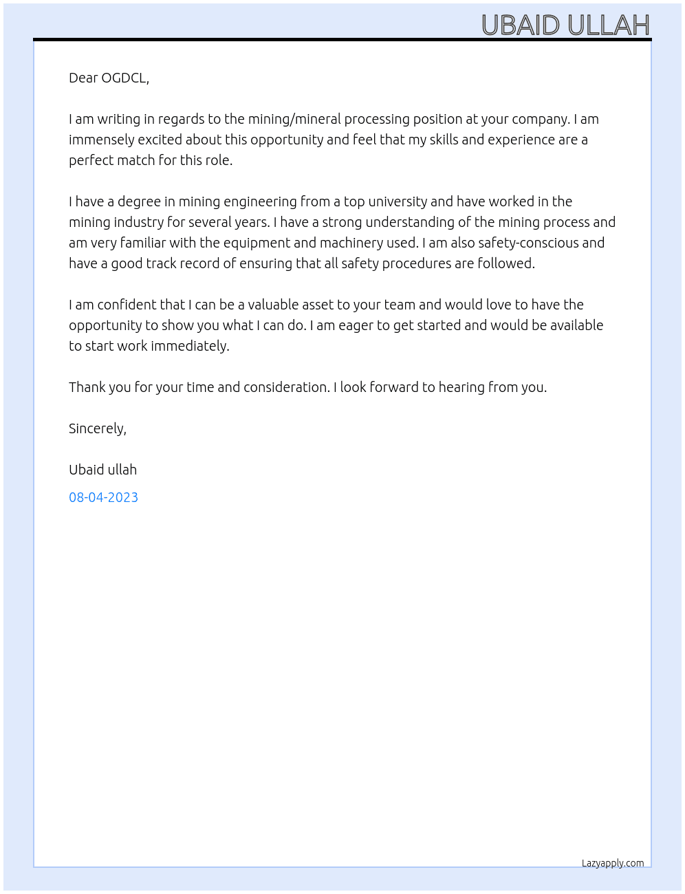 mining\mineral processing  At PMpl Cover Letter