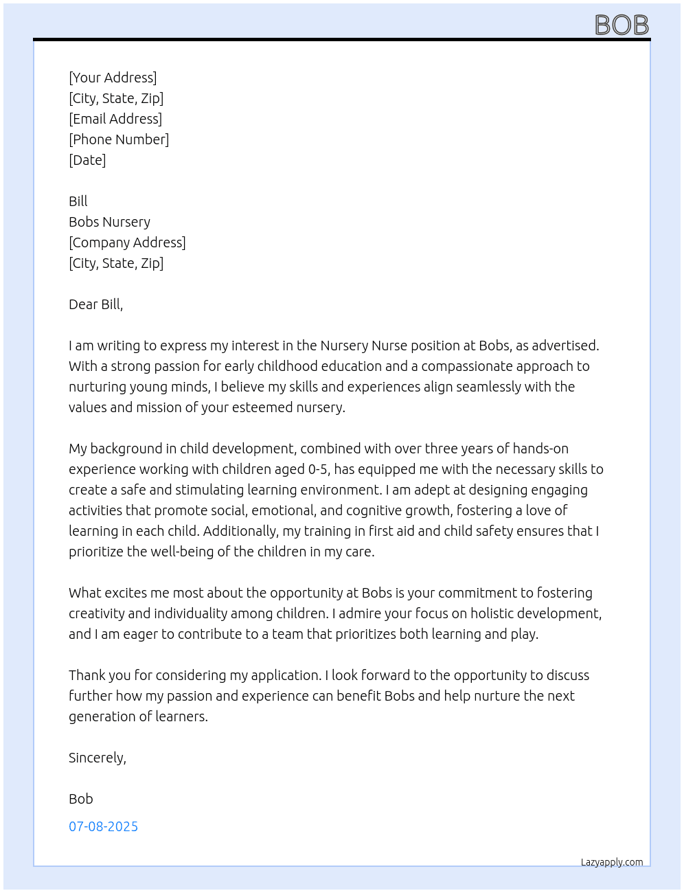 nursery Nurse At bobs  Cover Letter