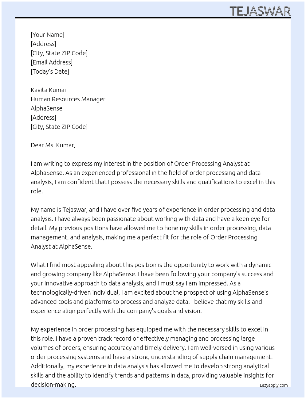 Order Processing Analyst At AlphaSense Cover Letter