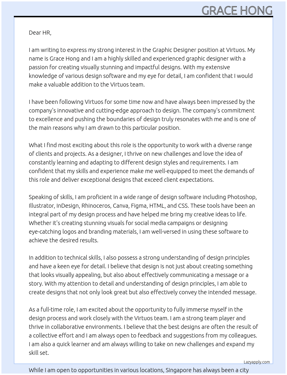 Graphic Designer At Virtuos Cover Letter