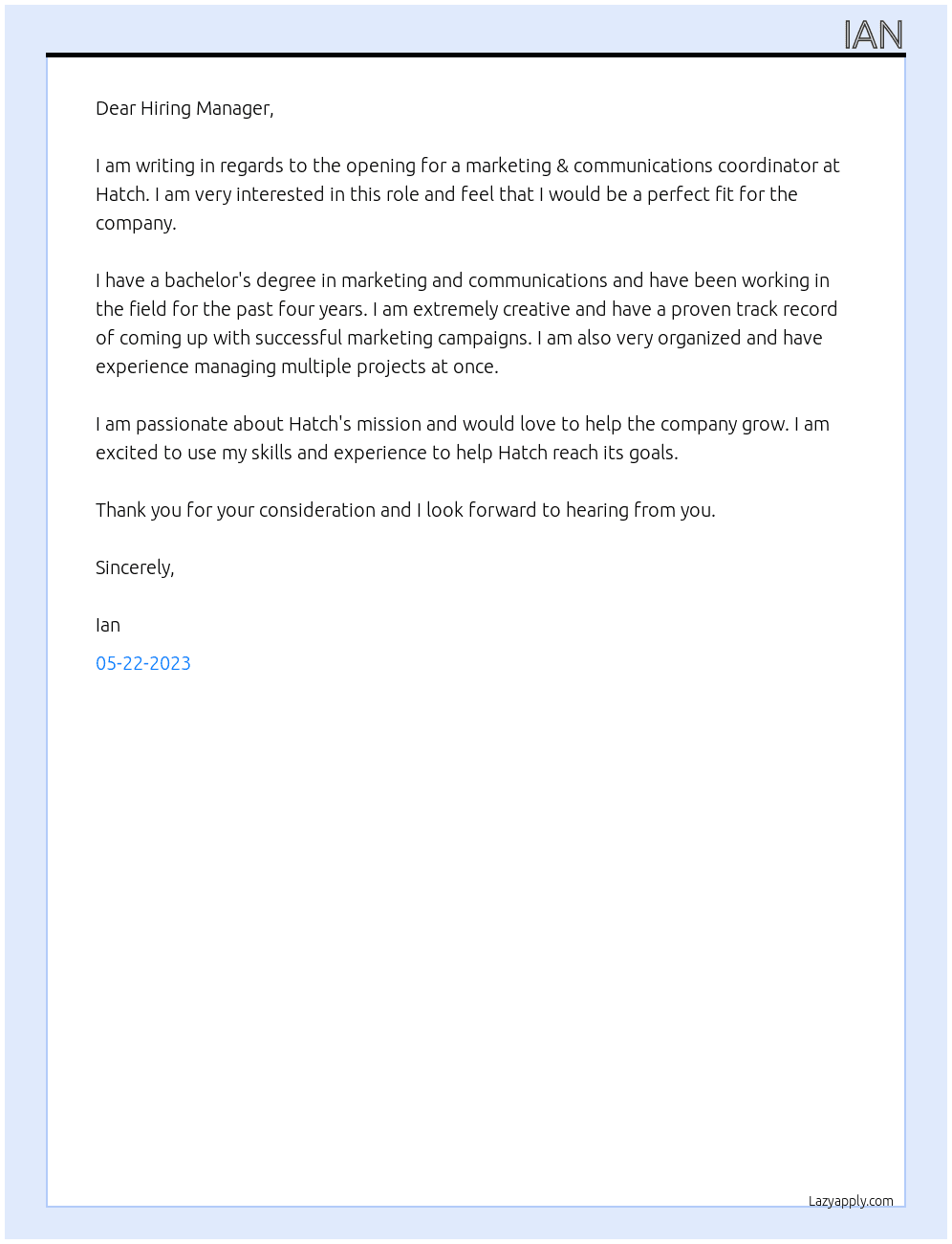 marketing & communicationss coordinator At Hatch Cover Letter