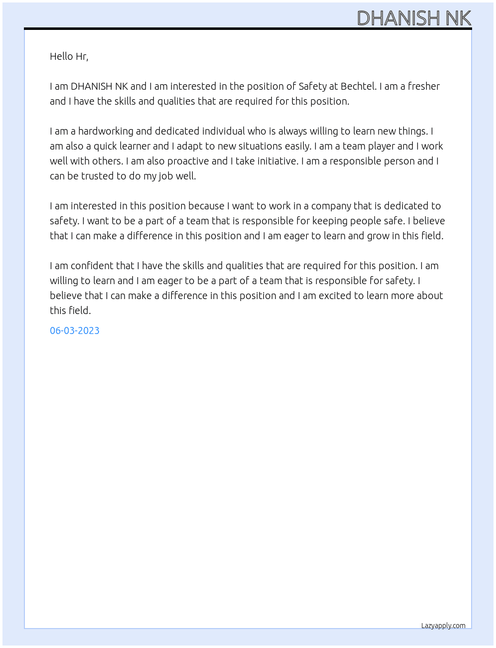 Safety  At Bechtel Cover Letter