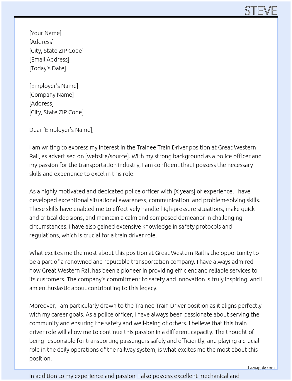 Trainee train driver At Great western rail Cover Letter