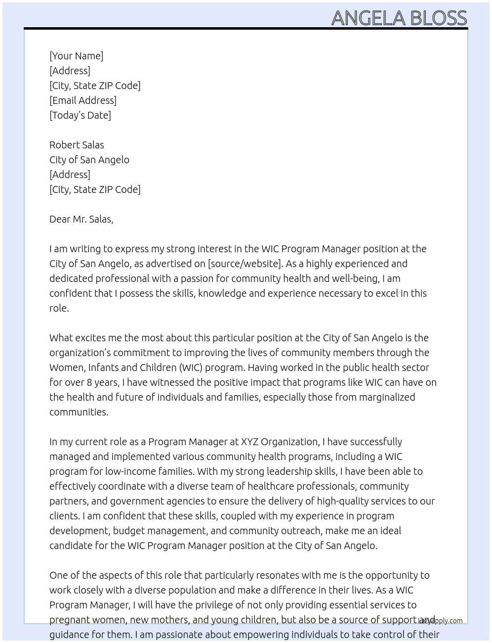 WIC Program Manager At City of San Angelo Cover Letter