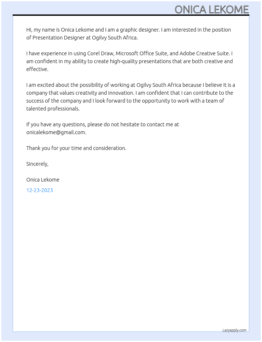 Graphic Designer  At Presentation Designer  Cover Letter