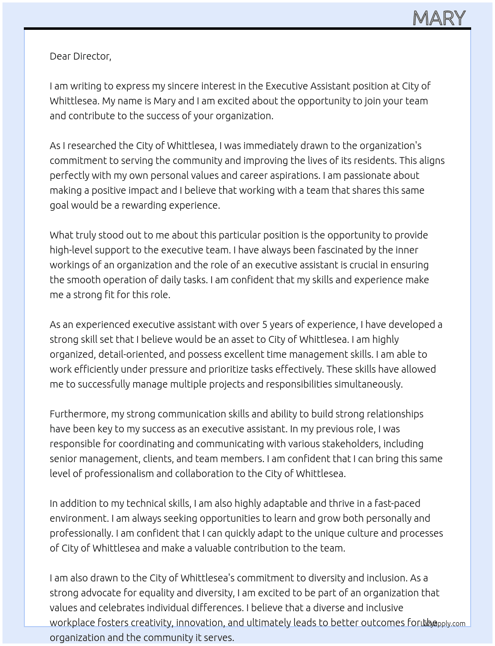 executive assistant  At City Of Whittlesea Cover Letter