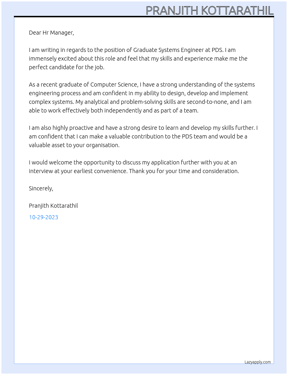 Graduate Systems Engineers At PDS Cover Letter