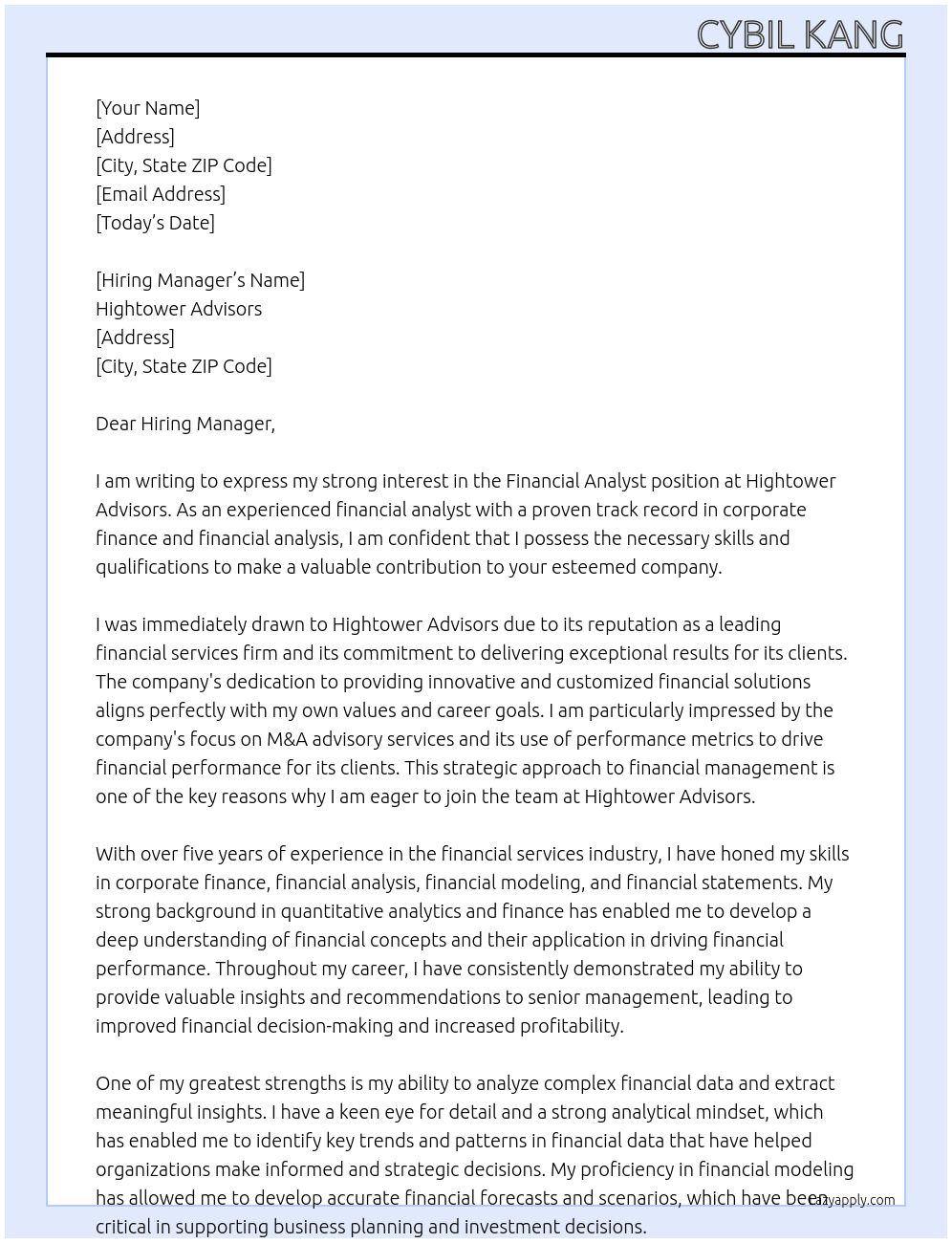 Financial Analyst At Hightower Advisors Cover Letter