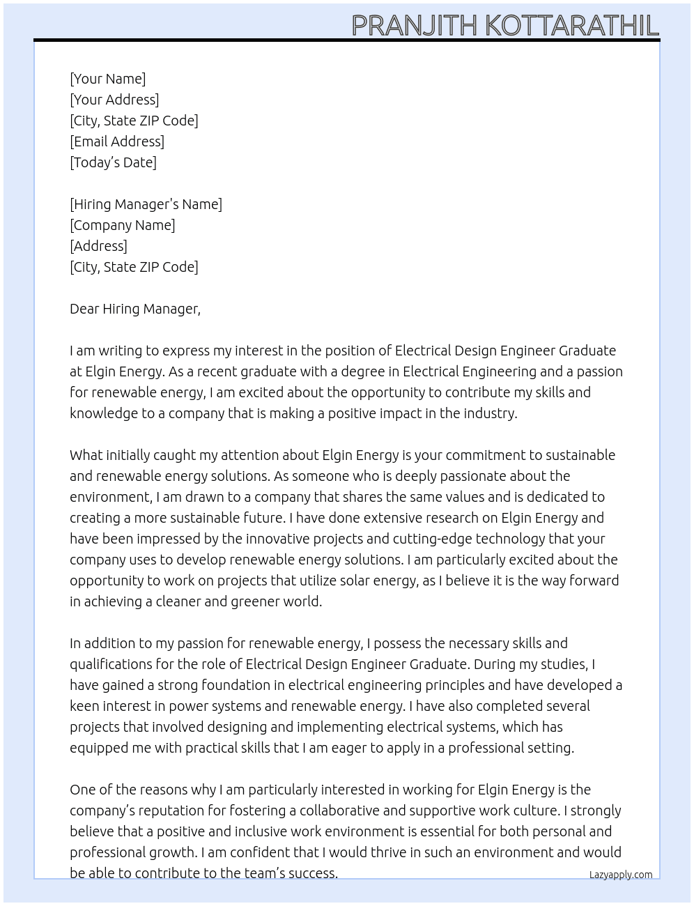 Electrical Design Engineer Graduate At Elgin Energy Cover Letter