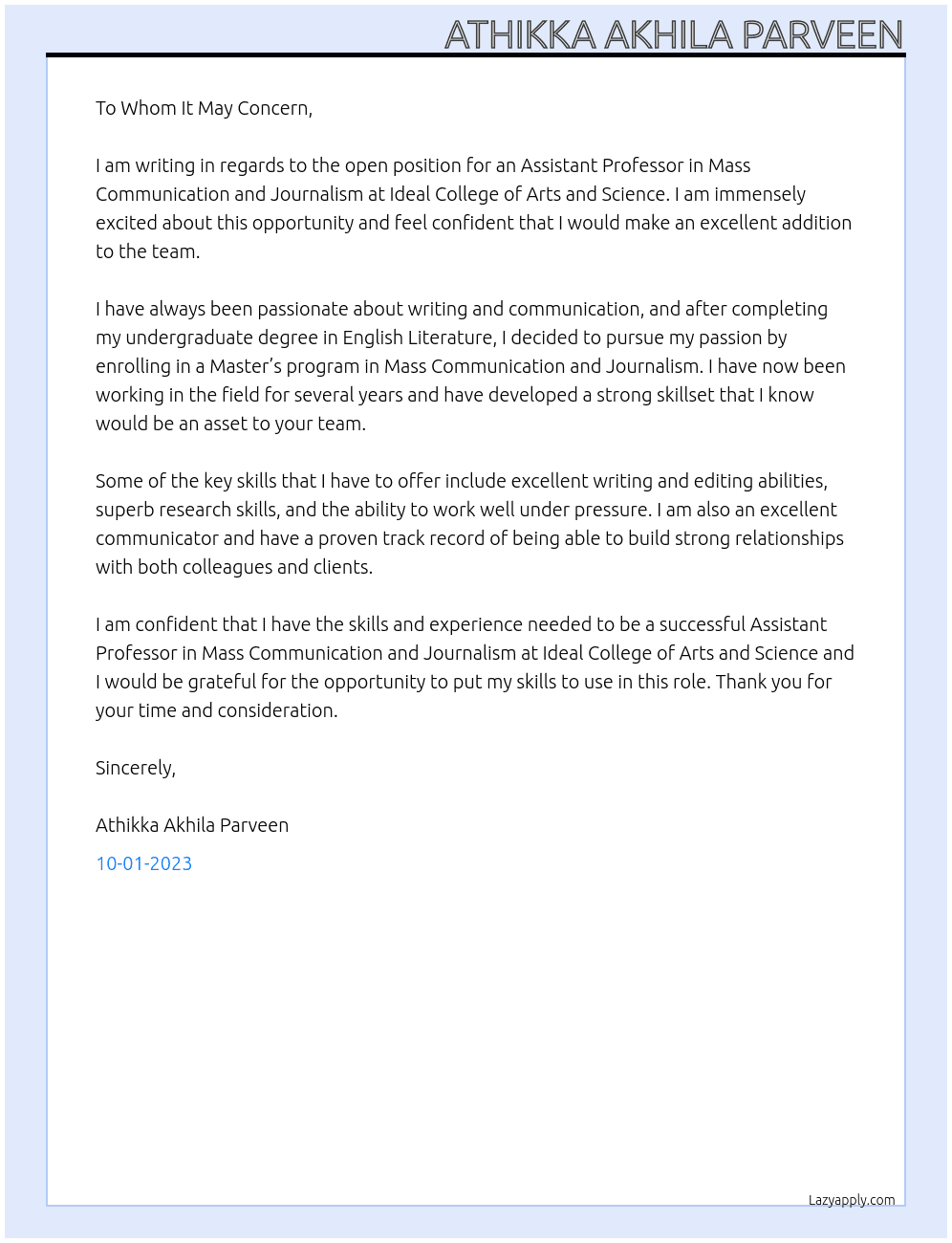 Assistant Professor in Mass Communication and Journalism  At Ideal College of Arts and Science  Cover Letter