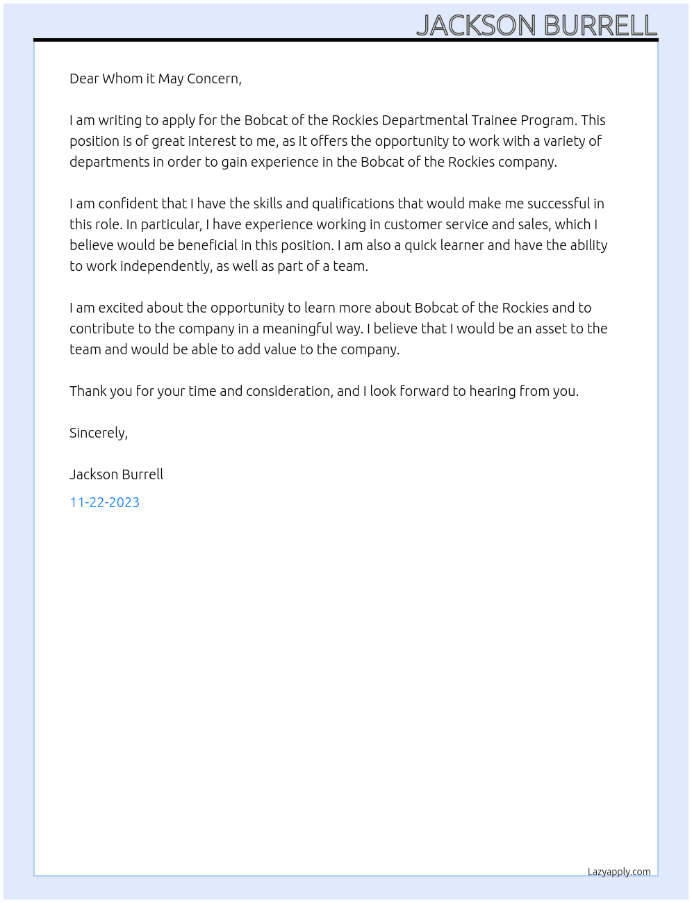 Bobcat of the Rockies Departmental Trainee Program At Bobcat of the Rockies Cover Letter