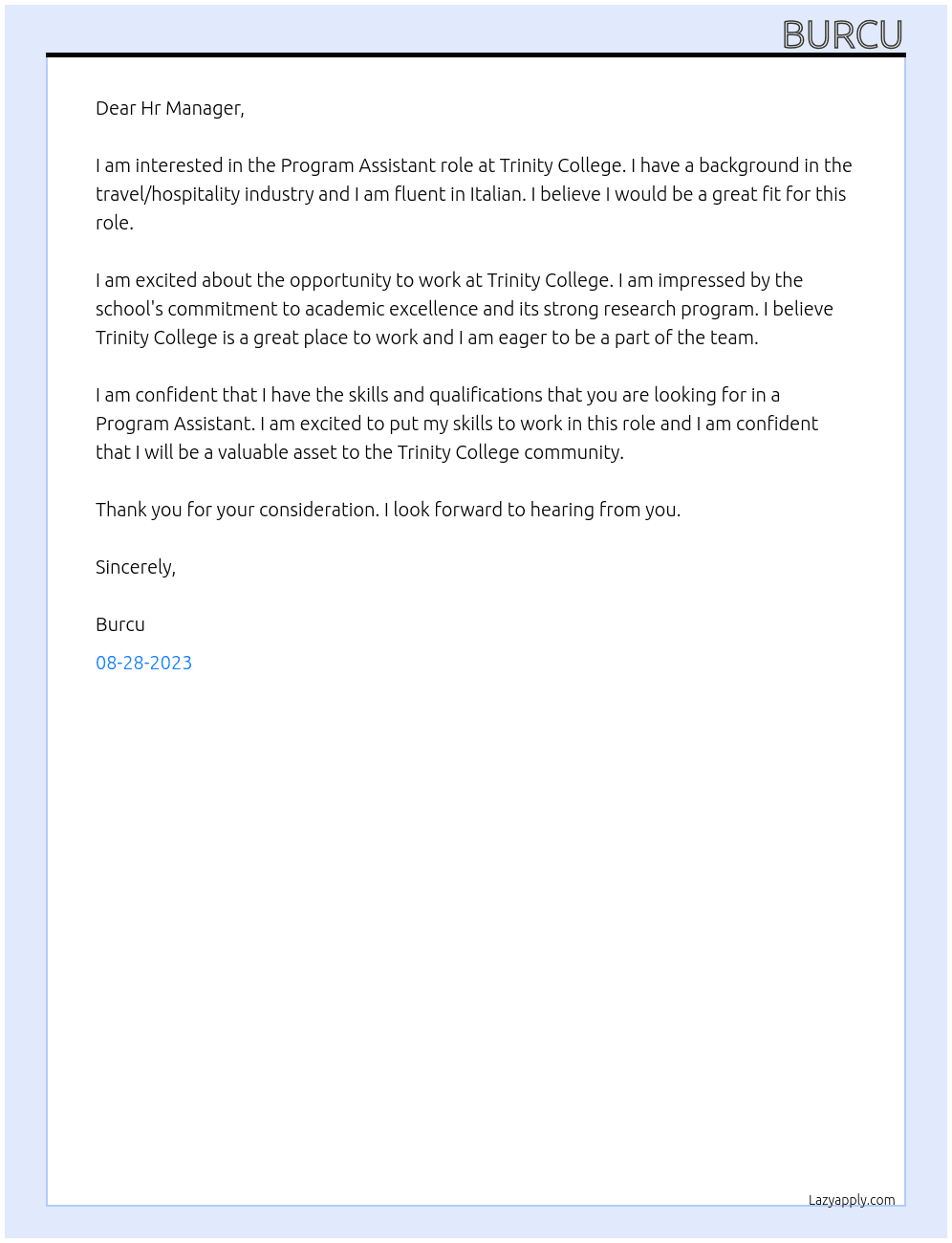Program Assistant At Trinity College Cover Letter