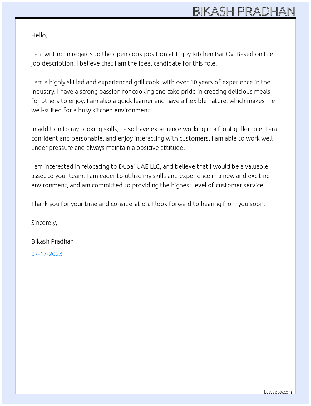 Cook At Enjoy Kitchen Bar Oy Cover Letter
