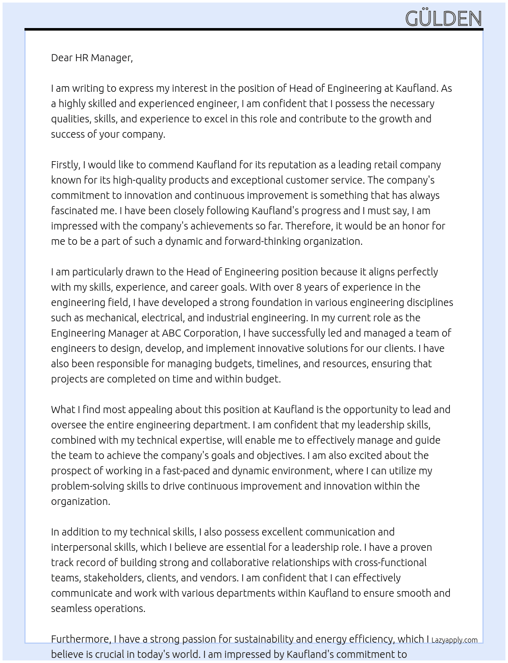 Head of Engineering At Kaufland Cover Letter