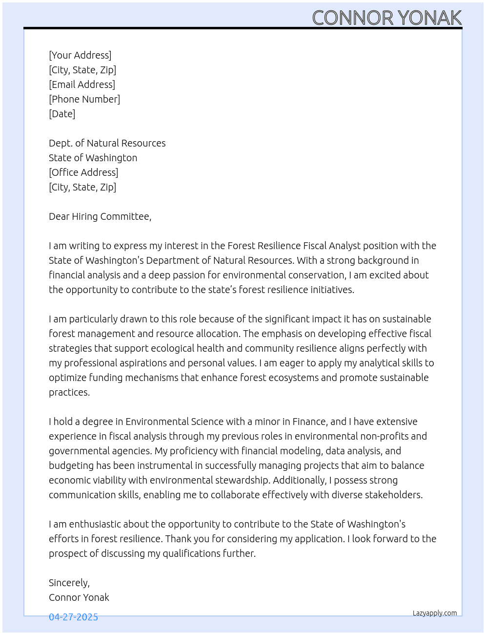 Forest Resilience Fiscal Analyst At State of Washington Cover Letter