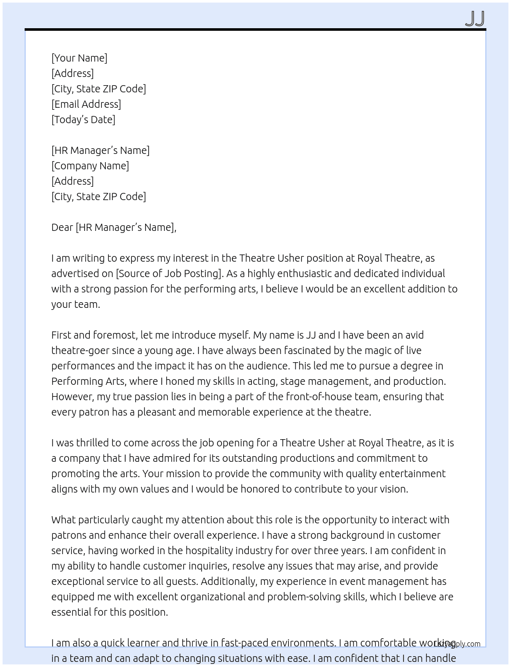 theatre usher At Royal Theatre Cover Letter