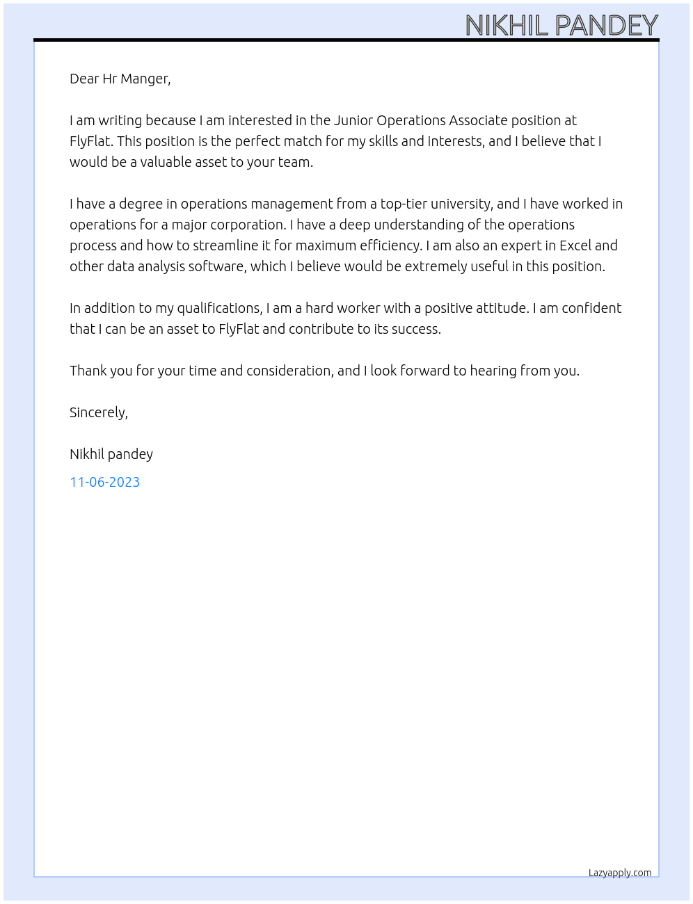 Junior Operations Associate At FlyFlat Cover Letter