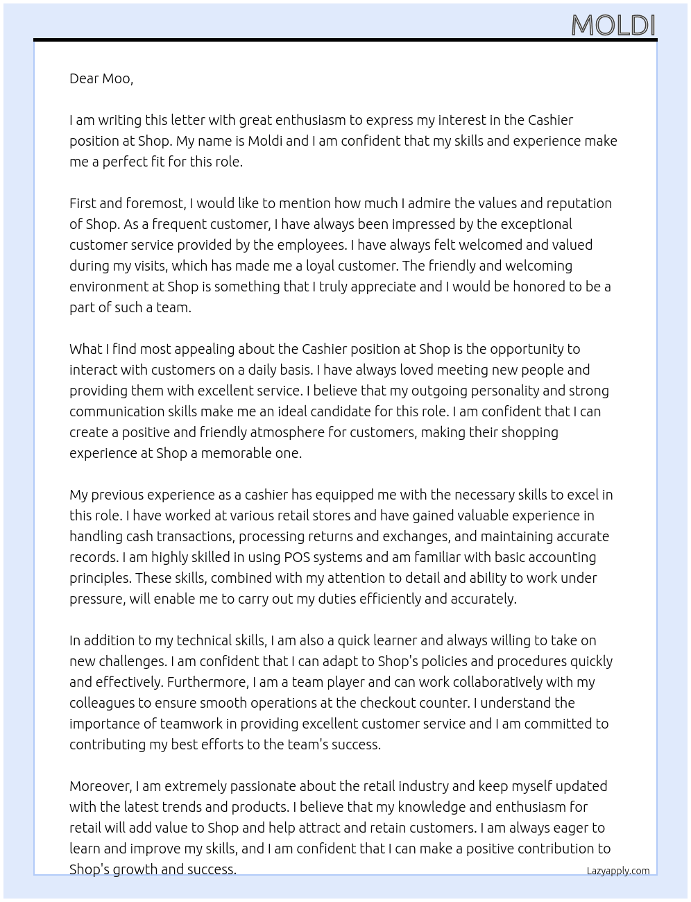 cashier At shop Cover Letter
