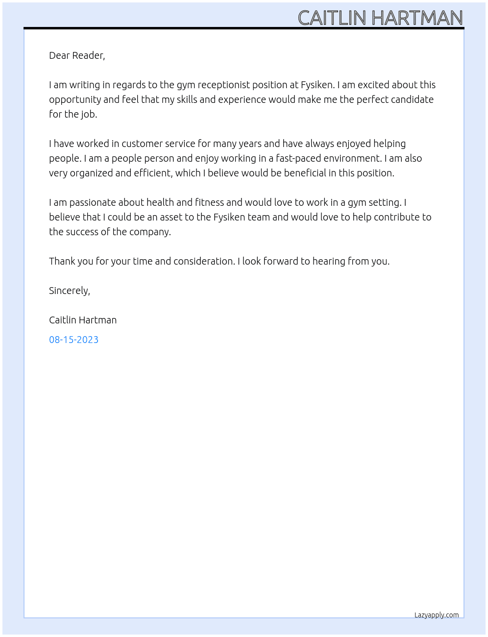 gym receptionist At Fysiken Cover Letter