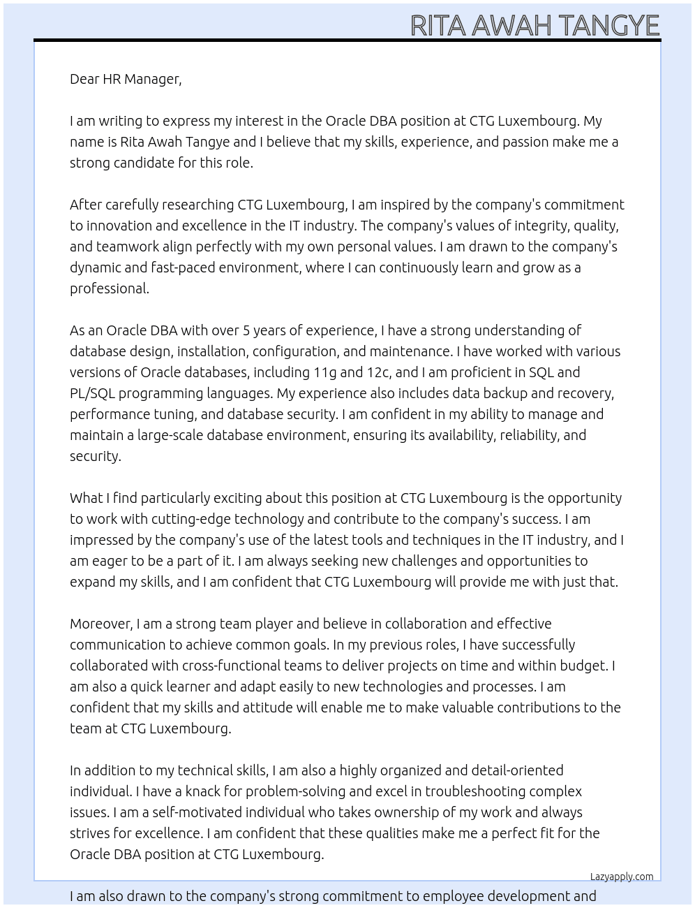 Oracle DBA At CTG Luxembourg Cover Letter