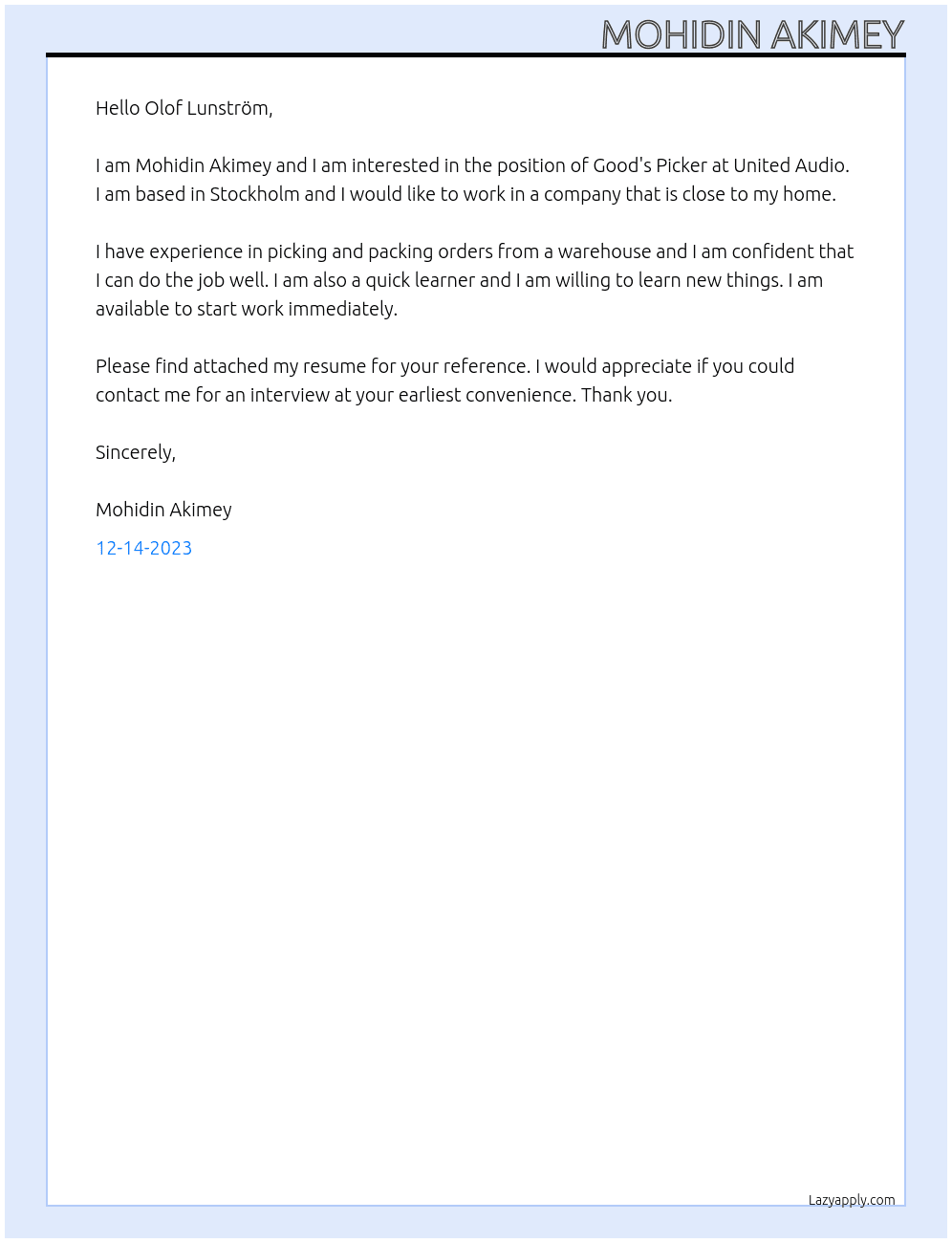  Good's Picker At United Audio Cover Letter
