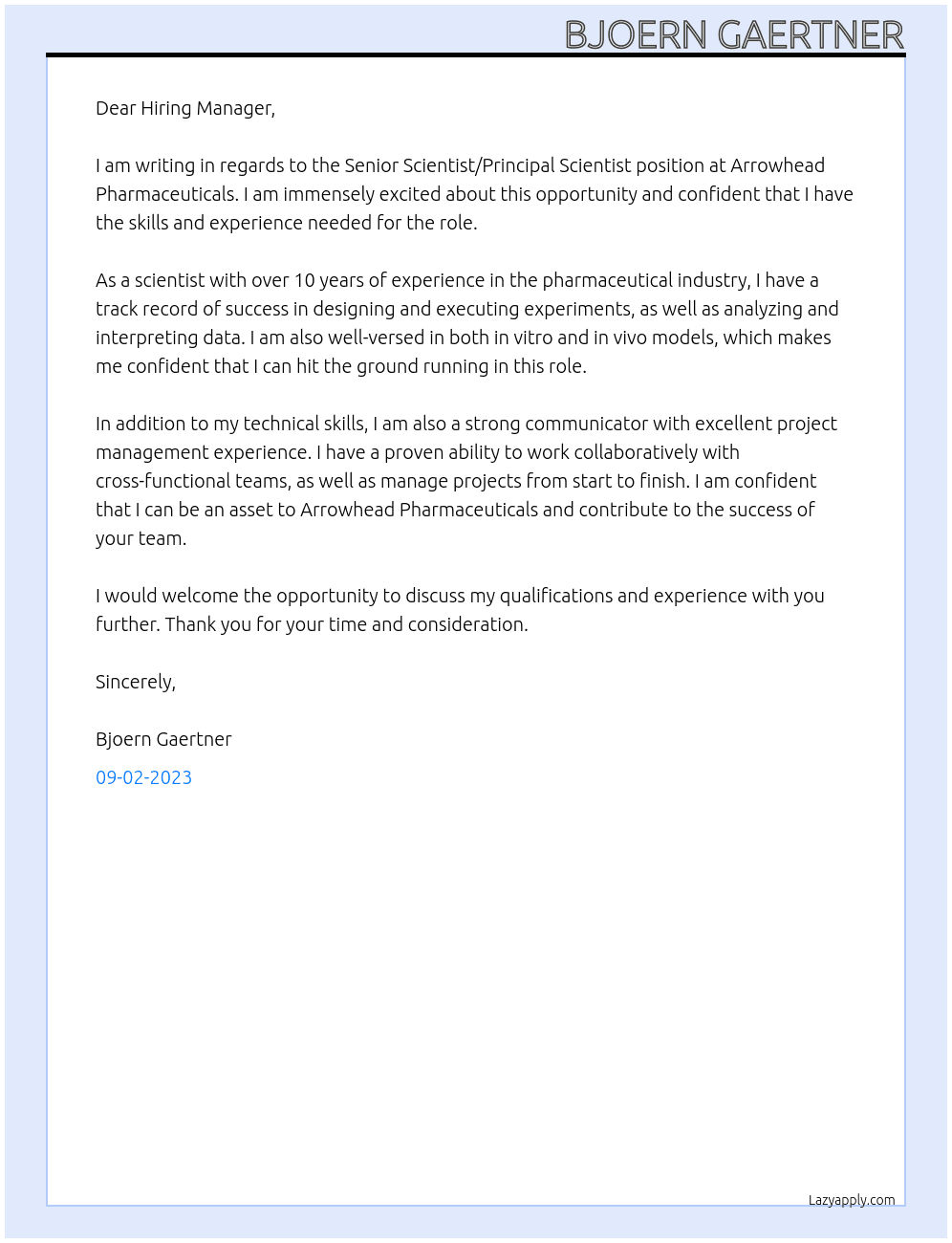 Senior Scientist/Principal Scientist At Arrowhead Pharmaceuticals Cover Letter