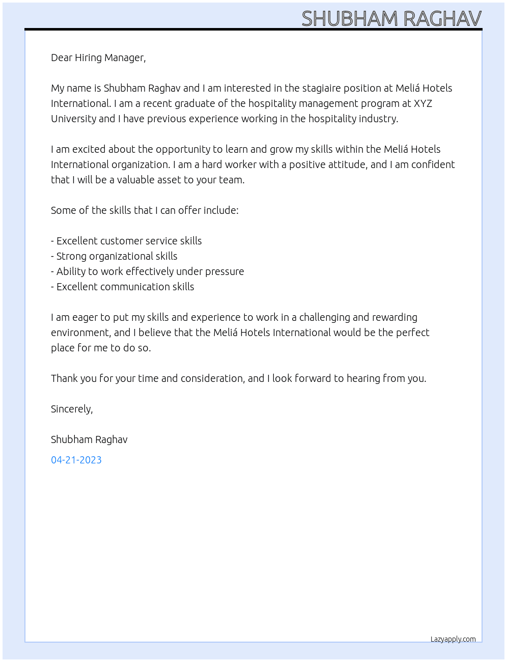 stagiaire At Meliá Hotels International Cover Letter