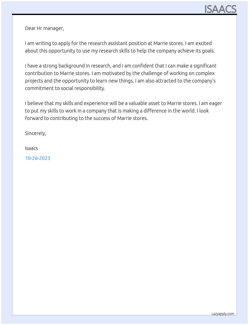 research assistant At Marrie stores Cover Letter
