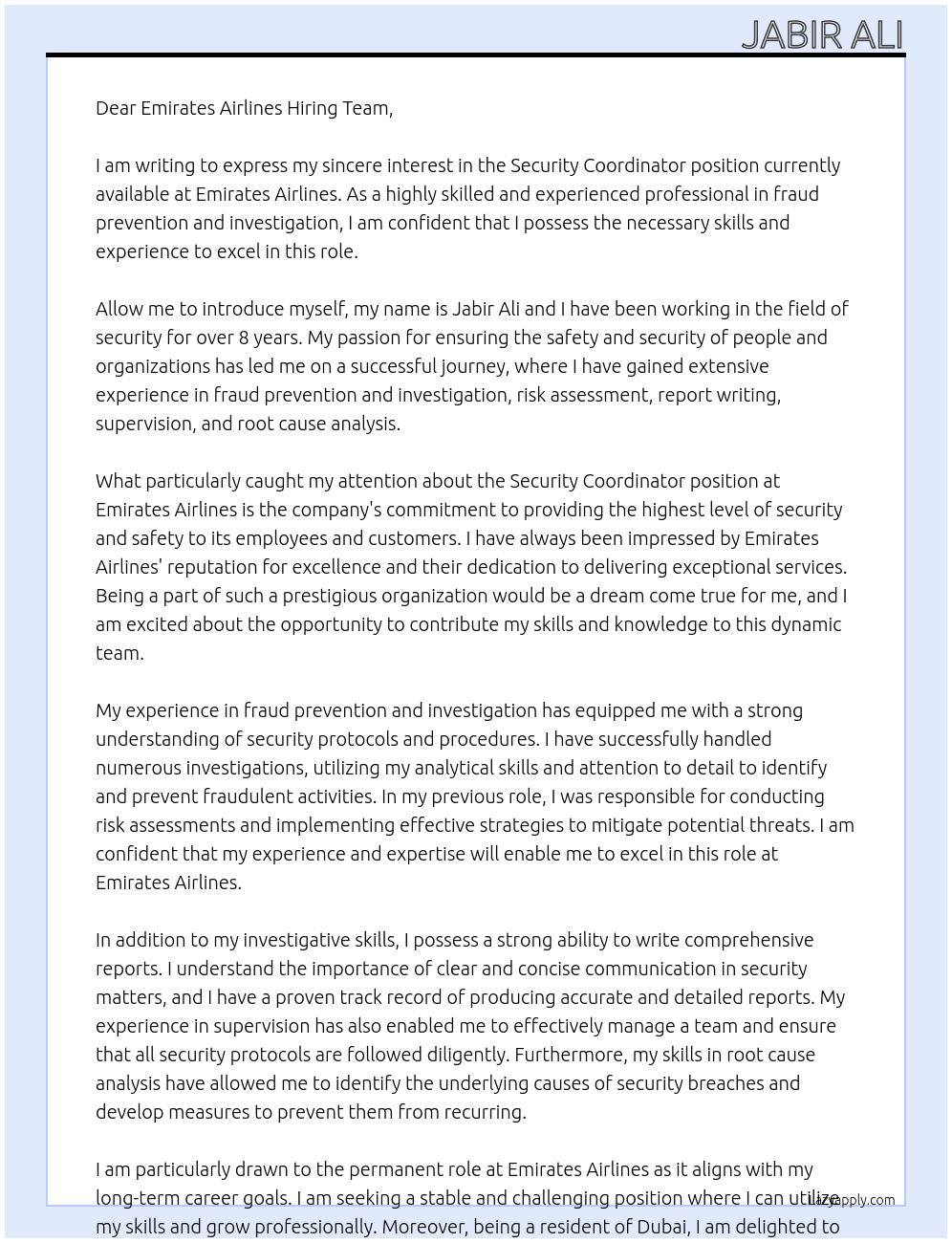 Security Coordinator At EMIRATES AIRLINES Cover Letter
