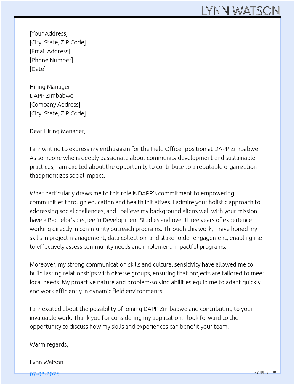 field officer At DAPP Zimbabwe Cover Letter