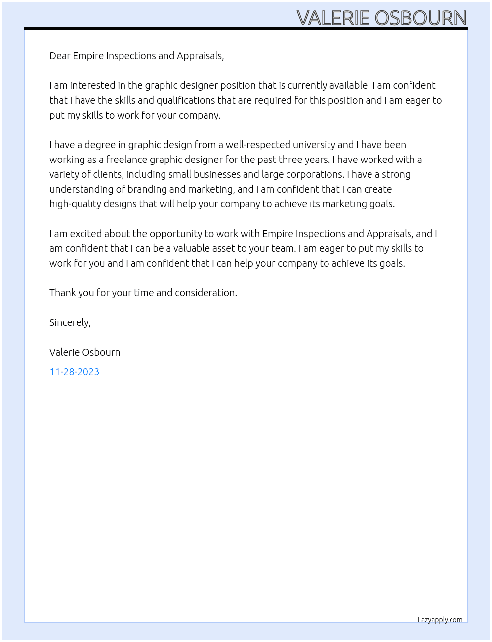 Graphic Designer At Empire Inspections and Appraisals Cover Letter