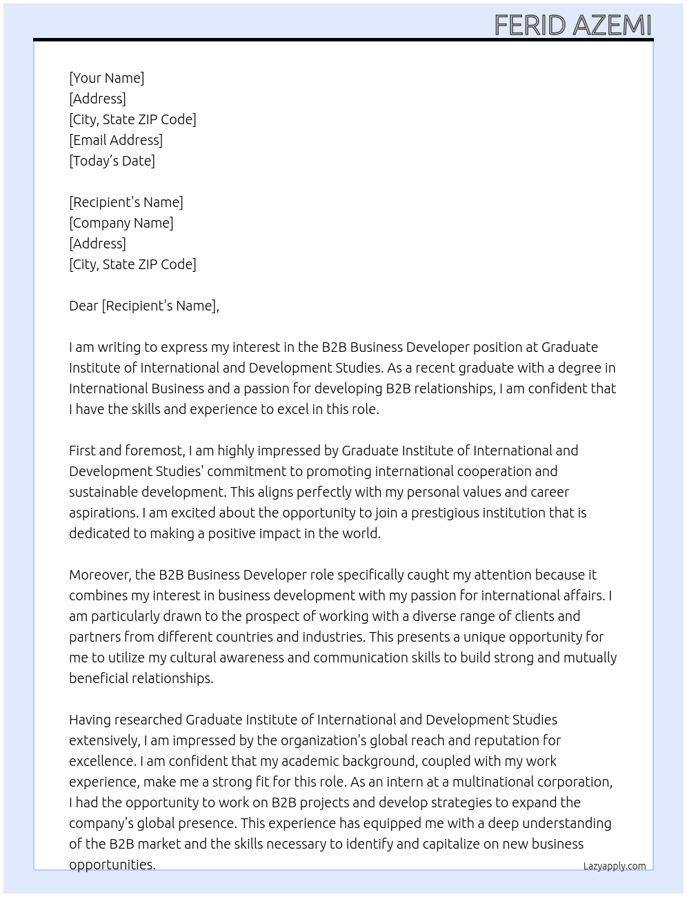 B2B Business Developer  At Graduate Institute of International and Development Studies  Cover Letter