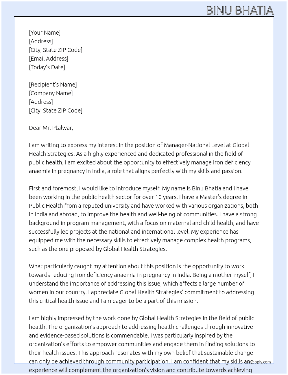 manager -national level At global health strategies Cover Letter