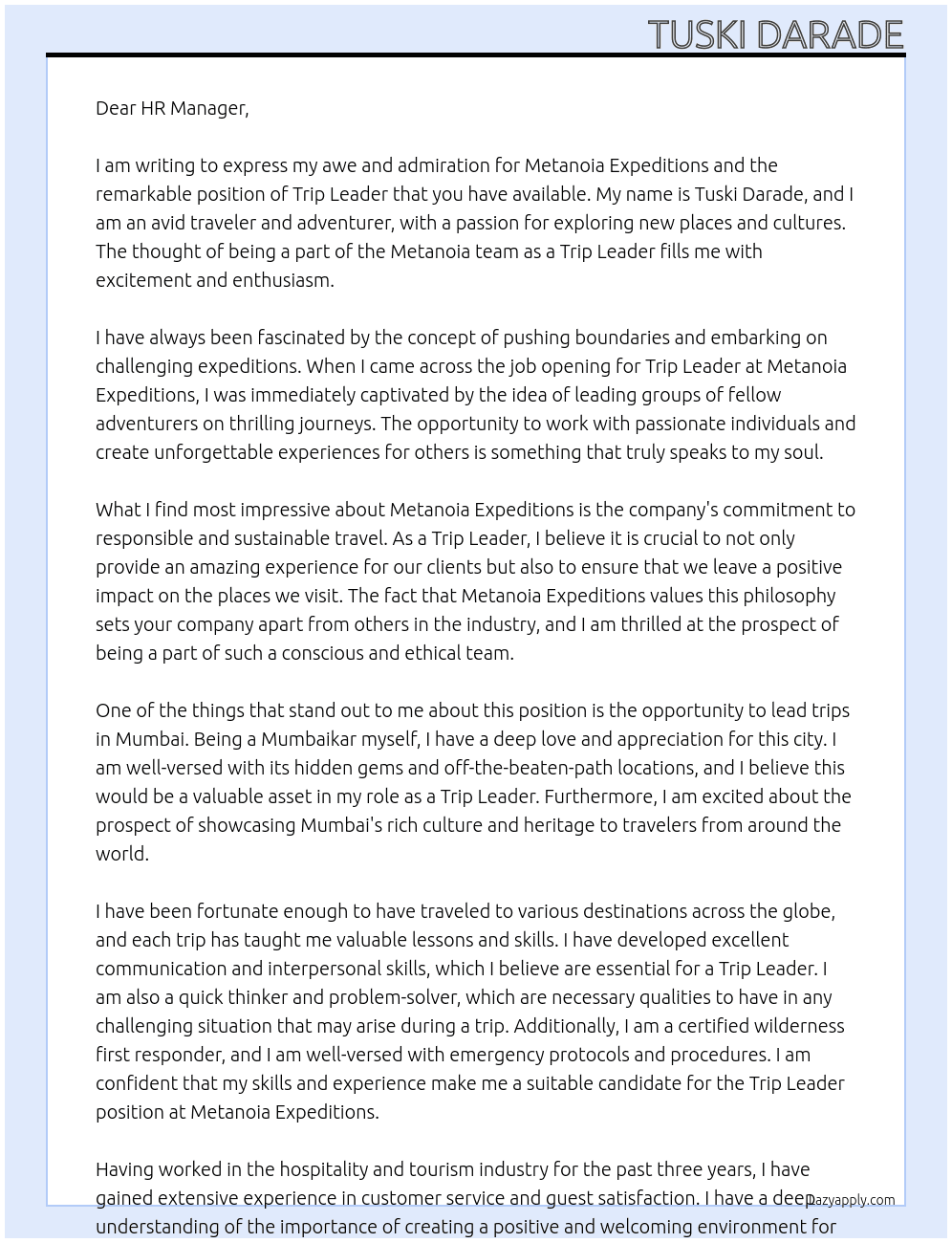 Trip Leader At Metanoia Expeditions  Cover Letter