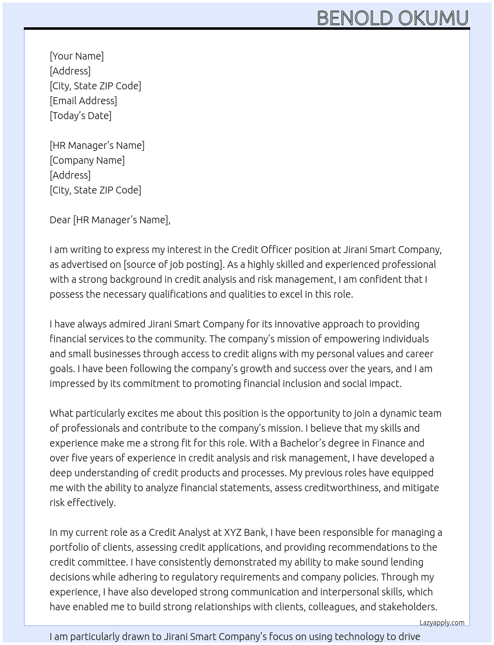 Credit Officer At Jirani Smart Company Cover Letter