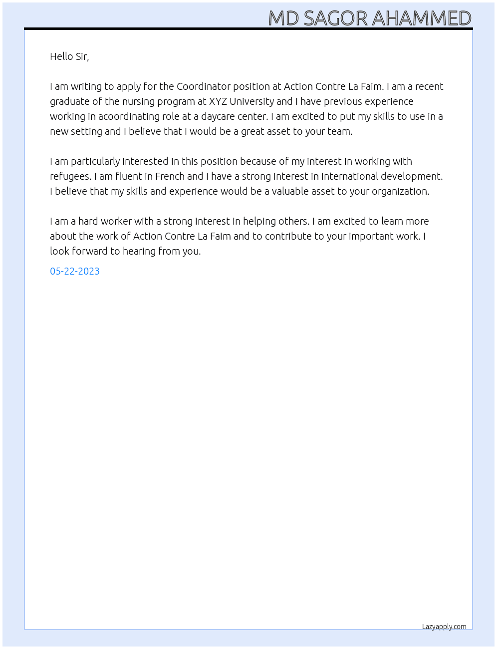 COORDINATOR At action contre  la faim Cover Letter