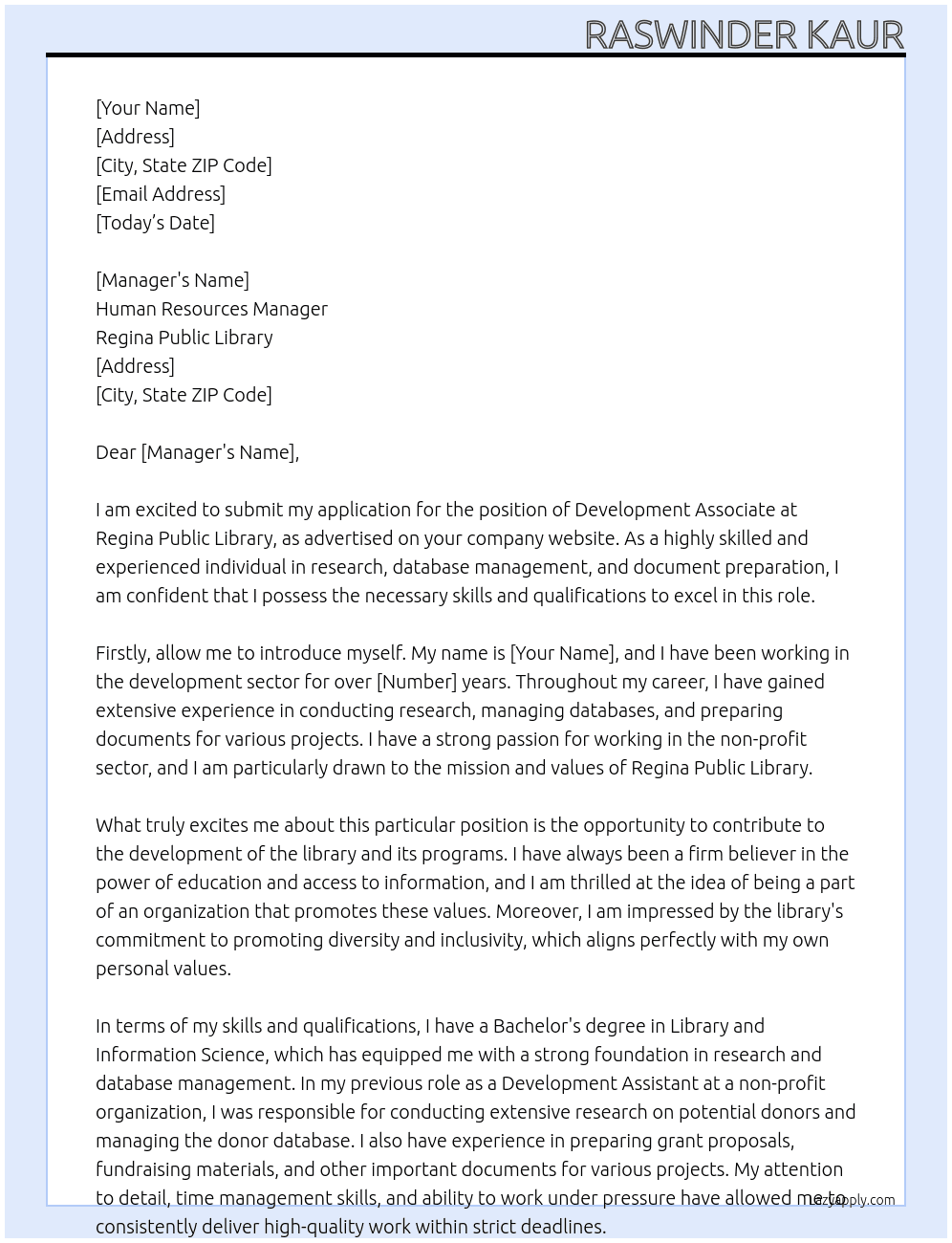 Development associate At Regina public library Cover Letter