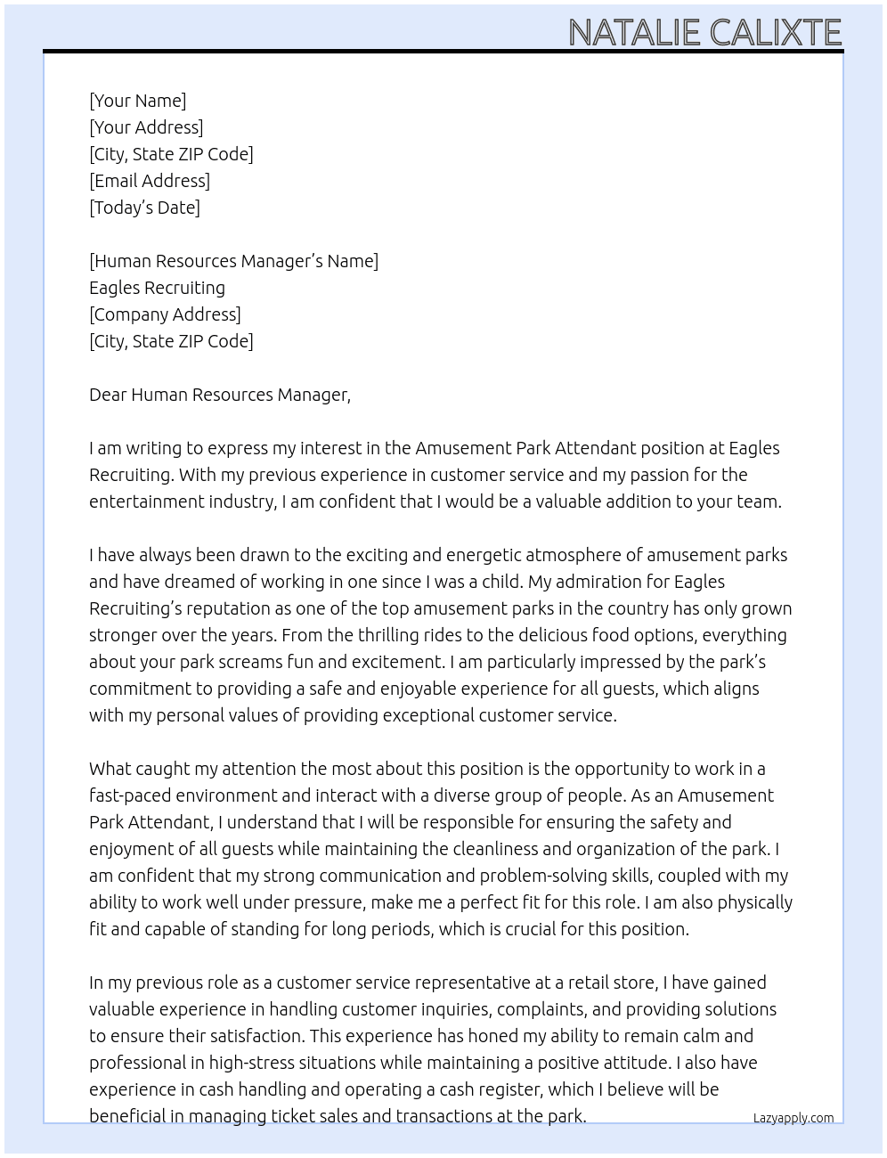 Amusement park attendant At Eagles recruiting Cover Letter