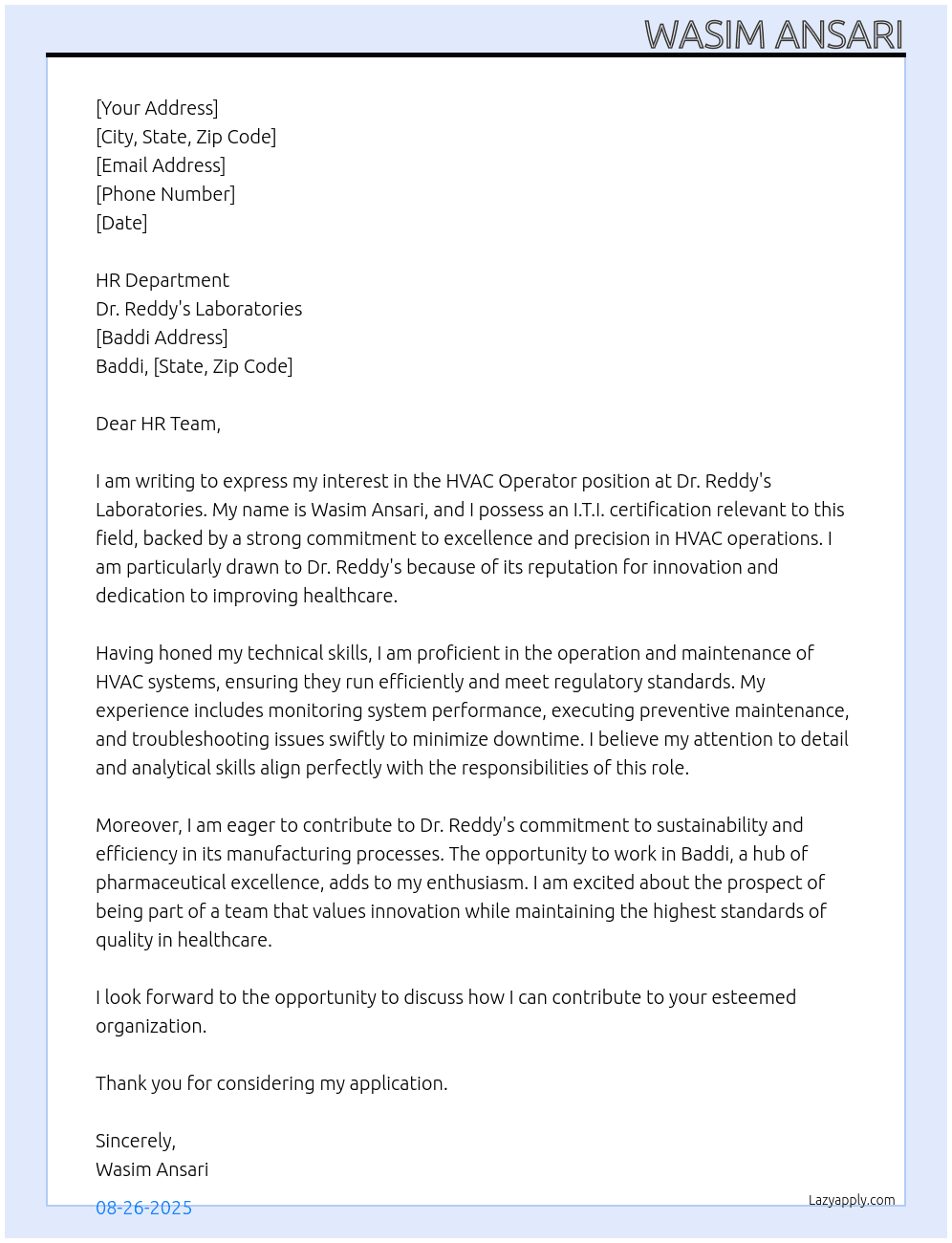  HVAC OPERATOR  At Dr.reddy's laboratories  Cover Letter