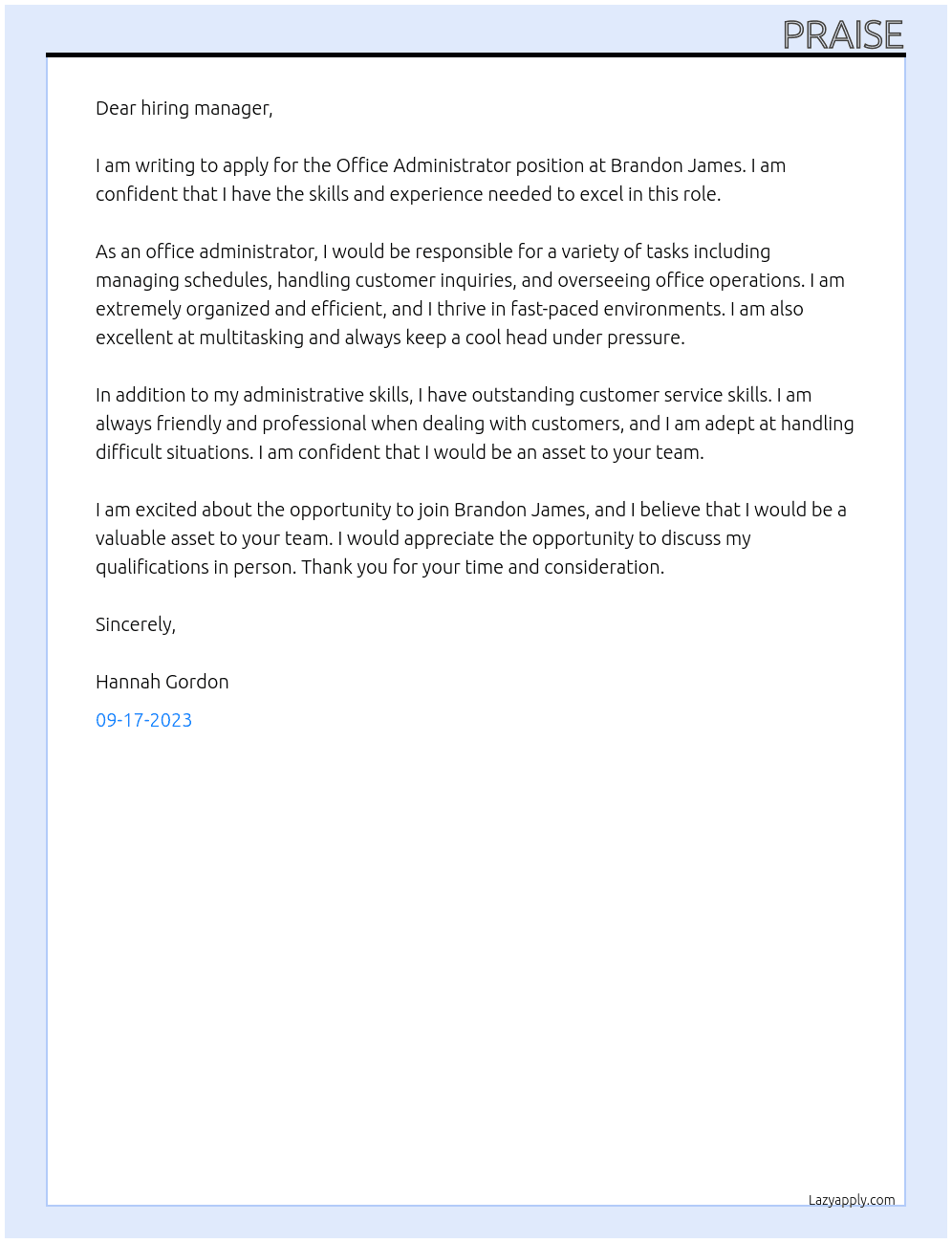 Office Administrator At  Brandon James Cover Letter