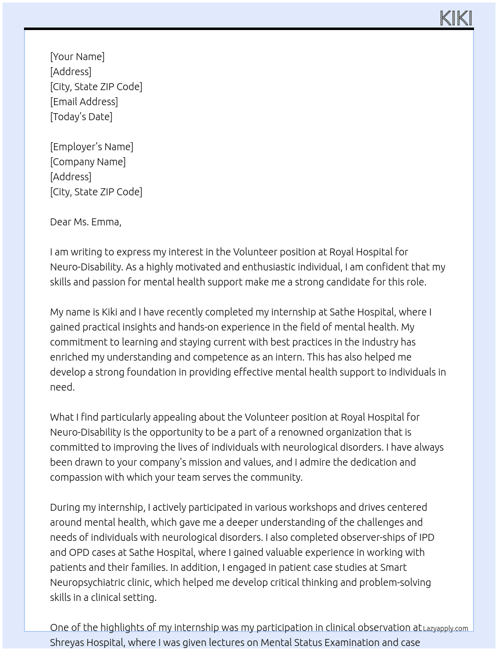 Volunteer At Royal Hospital for Neuro-Disability Cover Letter