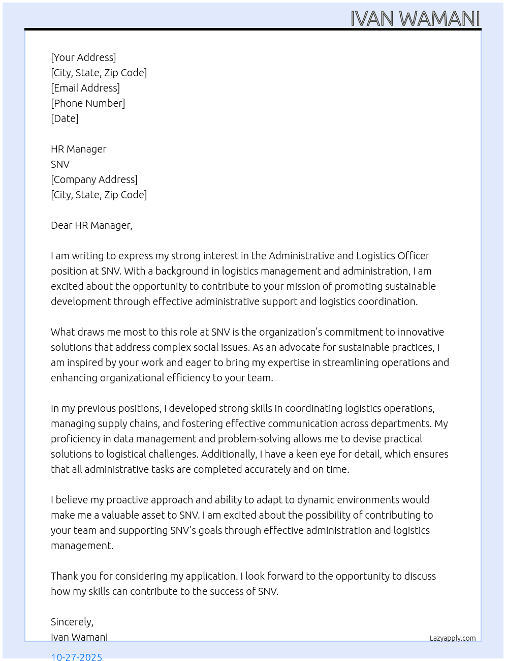 Administrative and Logistics Officer At SNV Cover Letter